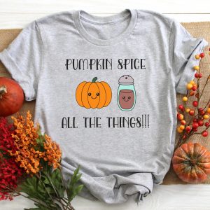 Cute shirt surrounded by fall pumpkins and flowers with an Kawaii image that says Pumpkin Spice All The Things on front