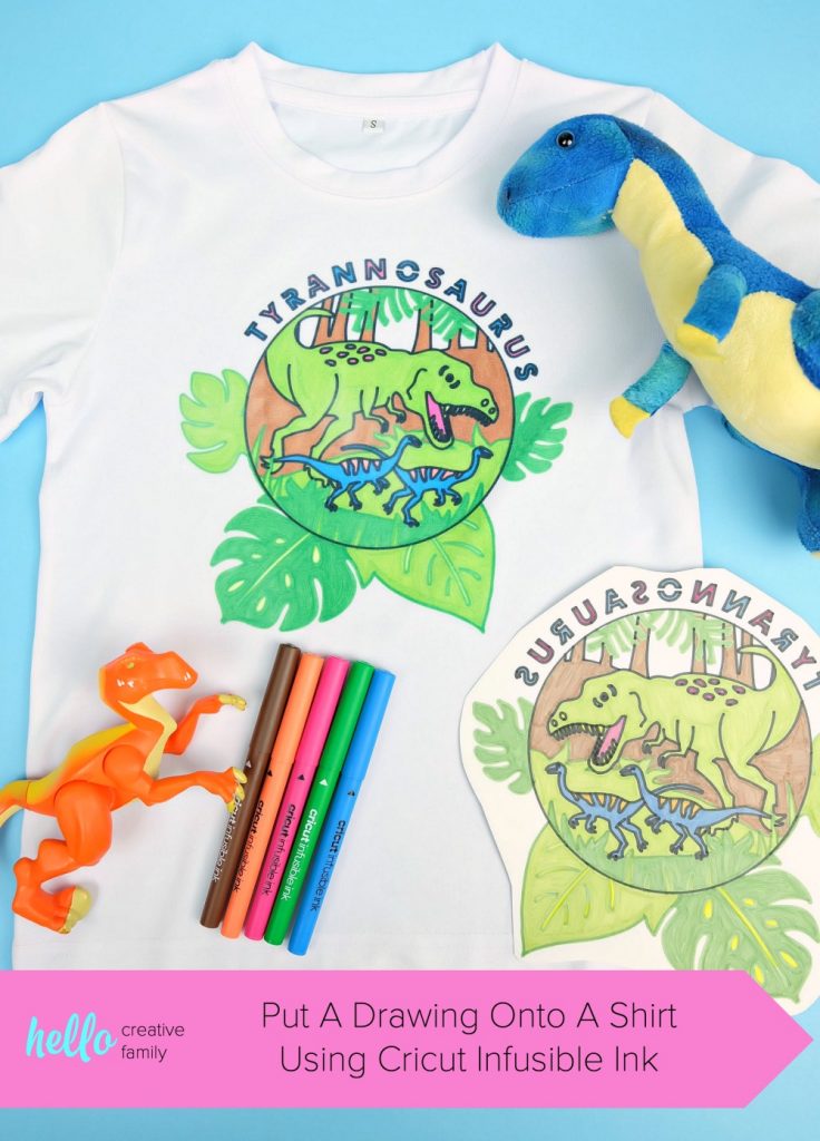 Learn how to put your drawing onto a shirt using Cricut Infusible Ink to make the most adorable dinosaur shirt! The perfect way to turn a child's drawing into something they can wear! Perfect for a dinosaur birthday #Cricut #InfusibleInk #Dinosaur #DinosaurBirthday