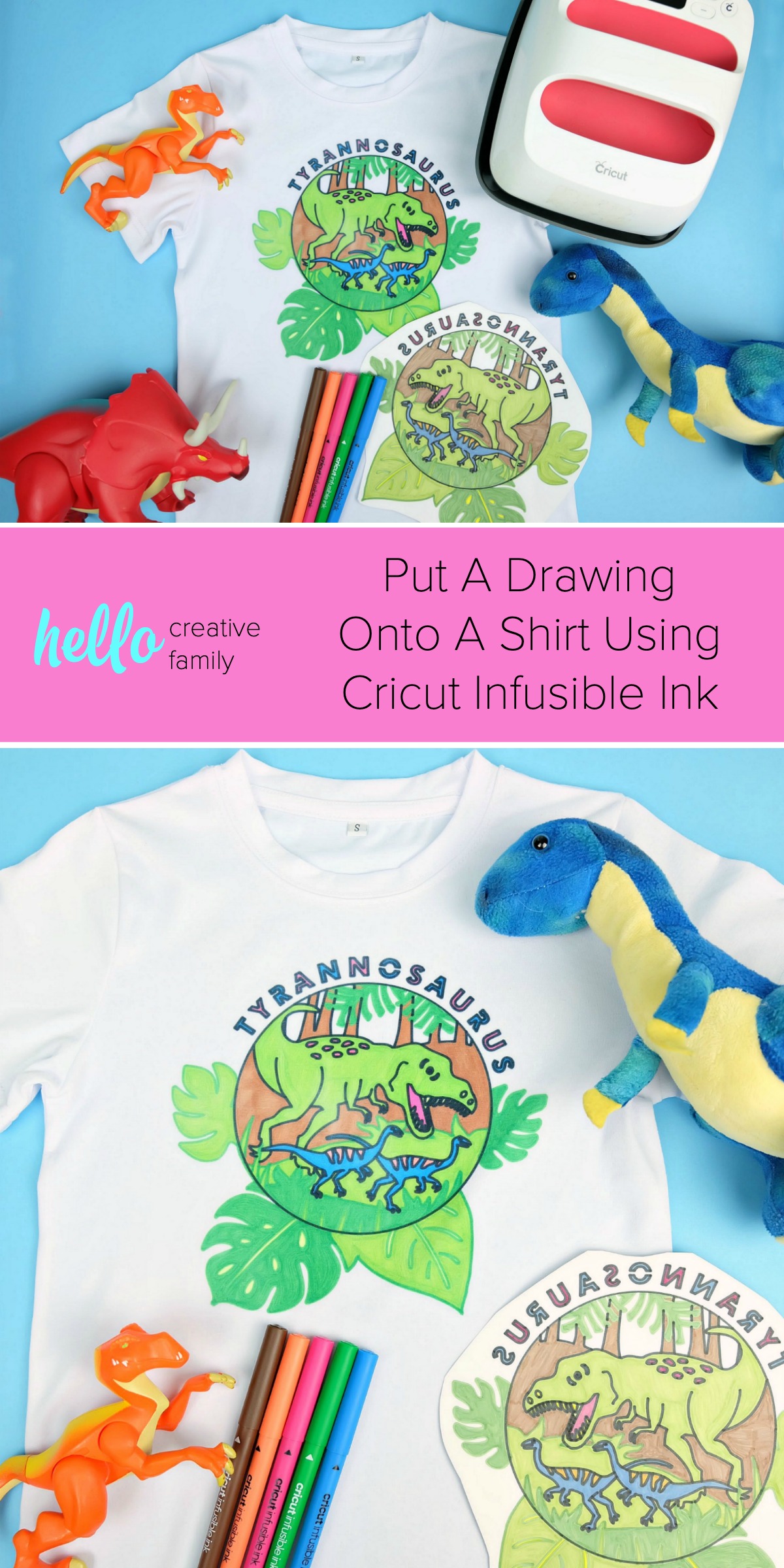 Learn how to put your drawing onto a shirt using Cricut Infusible Ink to make the most adorable dinosaur shirt! The perfect way to turn a child's drawing into something they can wear! Perfect for a dinosaur birthday #Cricut #InfusibleInk #Dinosaur #DinosaurBirthday