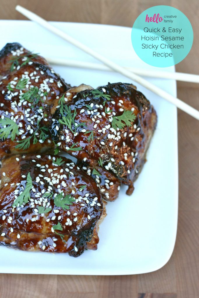 This quick and easy sticky chicken recipe is the perfect family friendly 30 minute meal! East meets west with the flavors of hoisin, sesame, garlic, ginger, balsamic & honey! #Chicken #Recipe #30minutemeal