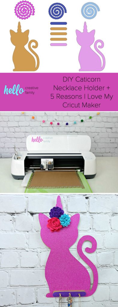 Learn how to make an adorable DIY Caticorn Necklace Holder using your Cricut Maker! This fun project makes a fun and easy handmade gift idea! Learn to cut chipboard, felt and vinyl with your Cricut Maker! #Sponsored #CricutMade #CricutCreated #HandmadeGift #CaticornCrafts 