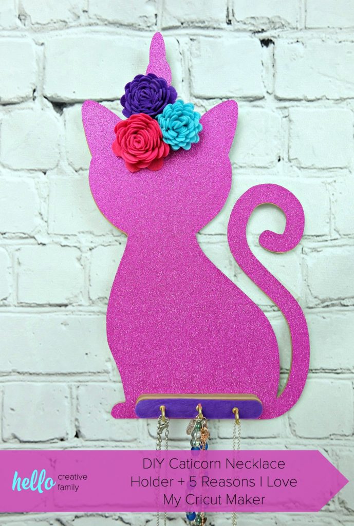 Learn how to make an adorable DIY Caticorn Necklace Holder using your Cricut Maker! This fun project makes a fun and easy handmade gift idea! Learn to cut chipboard, felt and vinyl with your Cricut Maker! #Sponsored #CricutMade #CricutCreated #HandmadeGift #CaticornCrafts 