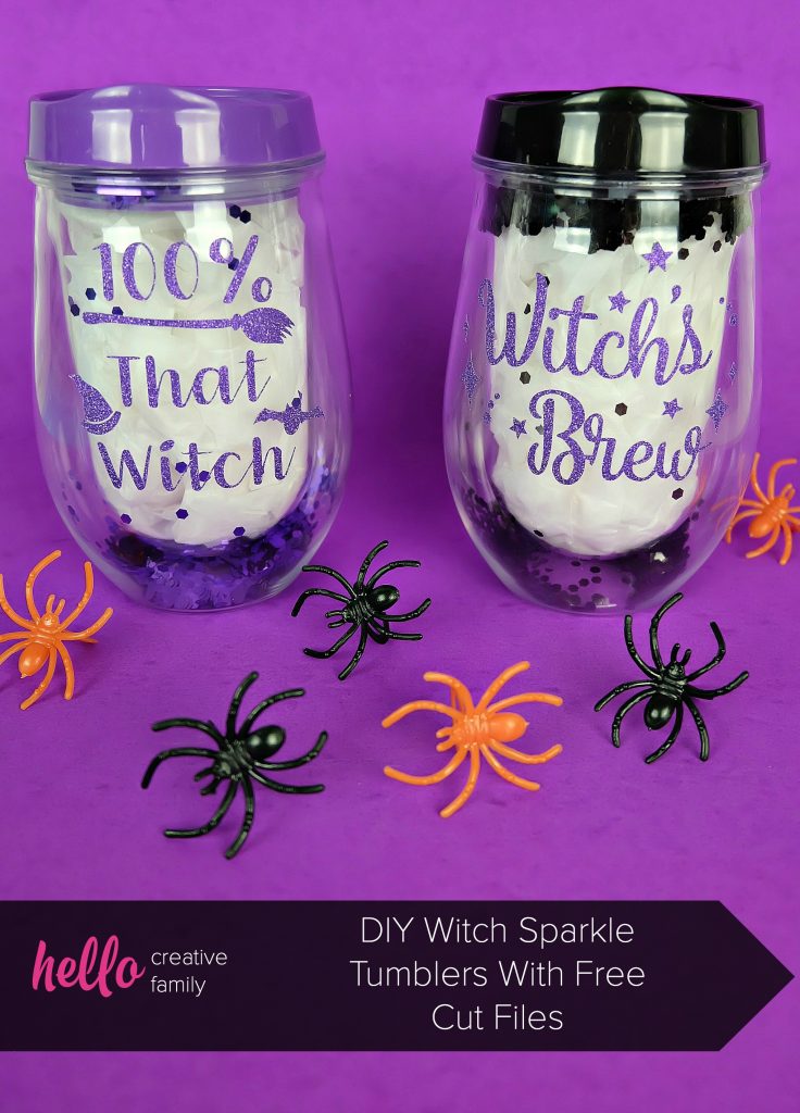 Brighten up your wine tumbler with a fun Halloween Themed DIY decal! We're sharing a free 100% That Witch SVG and a Witch's Brew SVG file along with instructions to make a fun Halloween themed glitter wine tumbler! #Cricut #Halloween #DIY #Glitter #FreeSVG