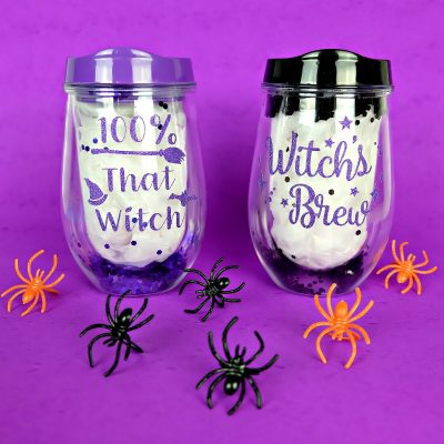 Brighten up your wine tumbler with a fun Halloween Themed DIY decal! We're sharing a free 100% That Witch SVG and a Witch's Brew SVG file along with instructions to make a fun Halloween themed glitter wine tumbler! #Cricut #Halloween #DIY #Glitter #FreeSVG