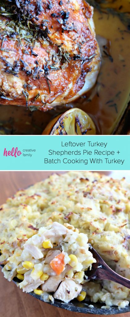 Filled with all the delectable flavors of Thanksgiving, our Leftover Turkey Shepherds Pie Recipe is going to become your FAVORITE thing to do with your Thanksgiving leftovers! Delicious enough for Sunday supper but easy enough for a family friendly weekday meal. We're also giving you our tips for batch cooking! #Thanksgiving #ThanksgivingLeftovers #Shepherds Pie #Recipe #batchcooking
