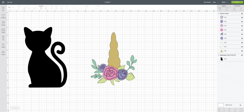 Steps for using Cricut Design Space to create a Caticorn.