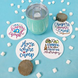Use your Cricut Maker or Cricut Explore to make a one of a kind camping gift idea! These DIY Cricut Infusible Ink Coasters have campers and camping quotes on them and are the perfect handmade gift for someone who loves to camp! #Sponsored #CricutMade #CricutCreated #HandmadeGift #DIYGift