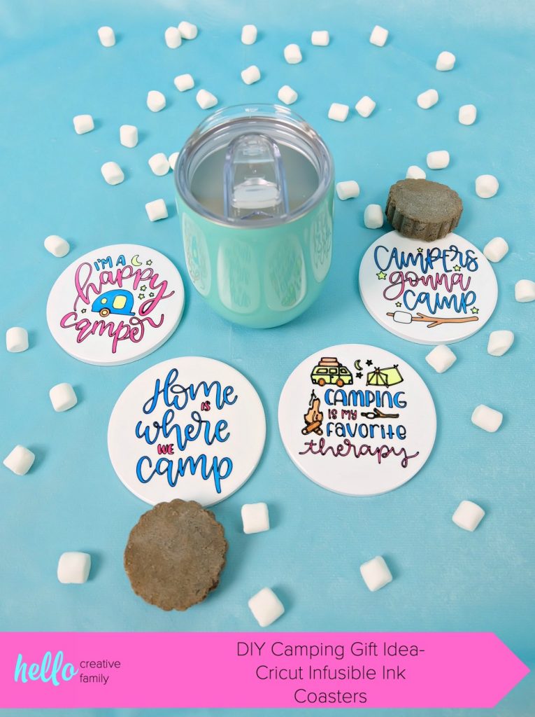 Use your Cricut Maker or Cricut Explore to make a one of a kind camping gift idea! These DIY Cricut Infusible Ink Coasters have campers and camping quotes on them and are the perfect handmade gift for someone who loves to camp! #Sponsored #CricutMade #CricutCreated #HandmadeGift #DIYGift