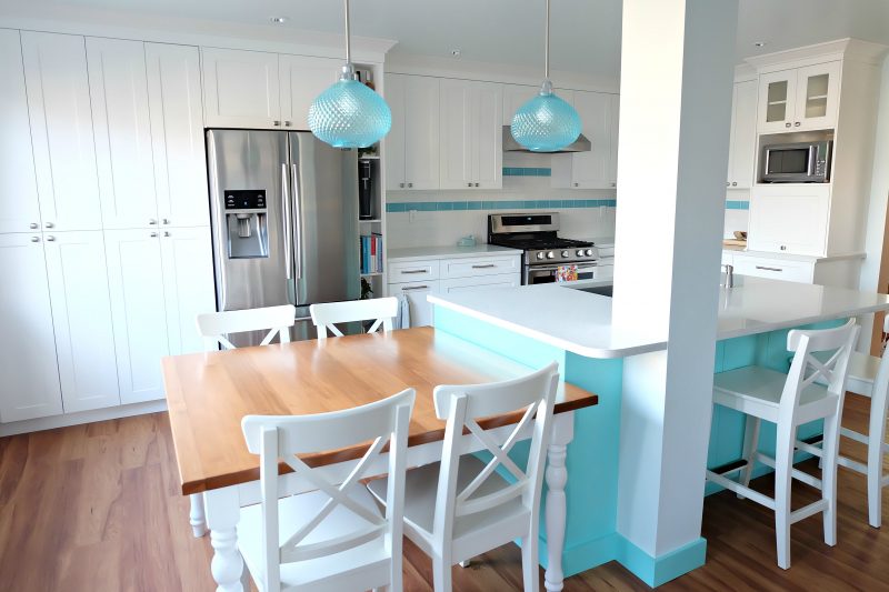 Hello Creative Family selected a palette of white, grey, teal, turquoise and aqua for their kitchen renovation! This DIY turquoise kitchen remodel includes a colorful island and other smart features. Also check out her 20 Tips for a Smooth Kitchen Renovation! #Sponsored #Turquoise #Kitchen #Aqua #KitchenRemodel #kitchenrenovation