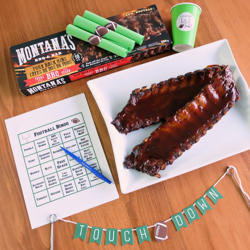 Get your end zone dance ready! We're getting you football season ready with Montana's bbq ribs and 4 free football printables perfect for the super bowl or the grey cup! Includes football bingo, drink cup labels, football napkin wraps and a touchdown banner. #MontanasRibsinSupermarket #sponsored #football #Printables 