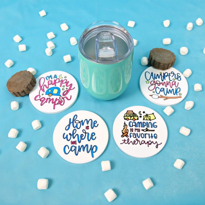 Use your Cricut Maker or Cricut Explore to make a one of a kind camping gift idea! These DIY Cricut Infusible Ink Coasters have campers and camping quotes on them and are the perfect handmade gift for someone who loves to camp! #Sponsored #CricutMade #CricutCreated #HandmadeGift #DIYGift