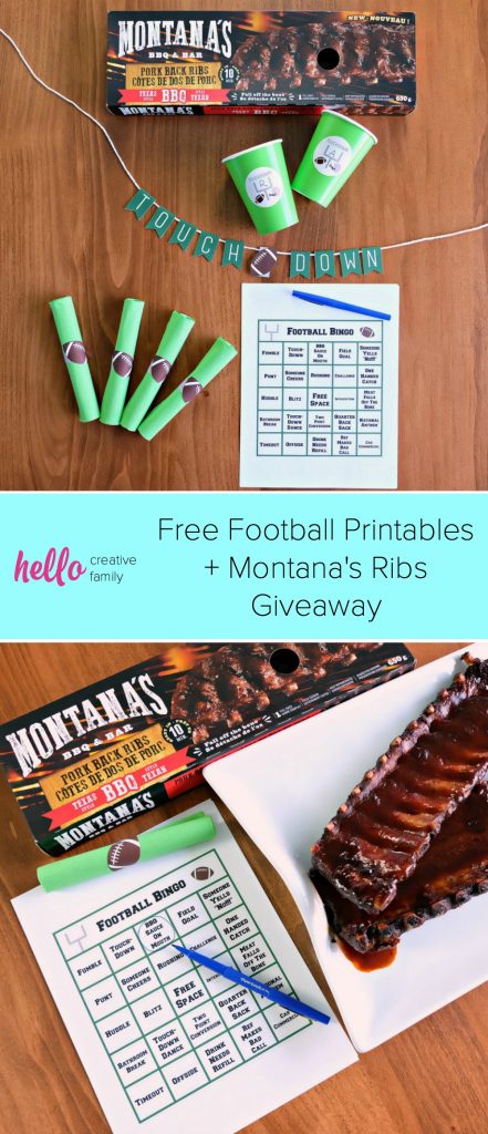 Get your end zone dance ready! We're getting you football season ready with Montana's bbq ribs and 4 free football printables perfect for the super bowl or the grey cup! Includes football bingo, drink cup labels, football napkin wraps and a touchdown banner. #MontanasRibsinSupermarket #sponsored #football #Printables 