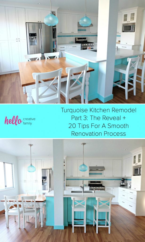 Hello Creative Family selected a palette of white, grey, teal, turquoise and aqua for their kitchen renovation! This DIY aqua kitchen remodel includes a colorful island and other smart features. Also check out her 20 Tips for a Smooth Kitchen Renovation! #Sponsored #Turquoise #Kitchen #Aqua #KitchenRemodel #kitchenrenovation
