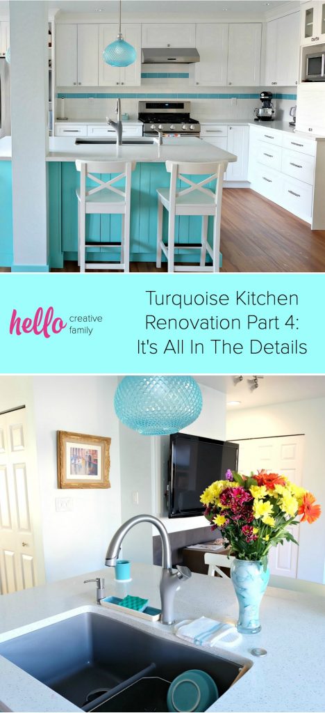 Pulling together a great kitchen renovation is all in the details! Hello Creative Family shares how she combined turquoise, aqua, white and grey elements to pull together a beautiful kitchen remodel including a teal kitchen island and a metallic grey Blanco Silgranit sink! #Sponsored #KitchenRenovation #KitchenRemodel #Turquoise #Teal #Aqua #kitchen