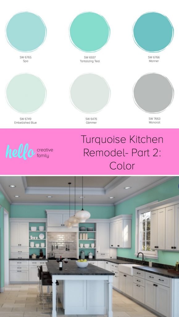 Choosing a paint color for a kitchen remodel can be hard! Hello Creative Family walks through the design process of coming up with a turquoise kitchen color palette with the help of Sherwin-Williams. #Sponsored #DIY #Kitchen #Remodel #Turquoise #Aqua #Teal