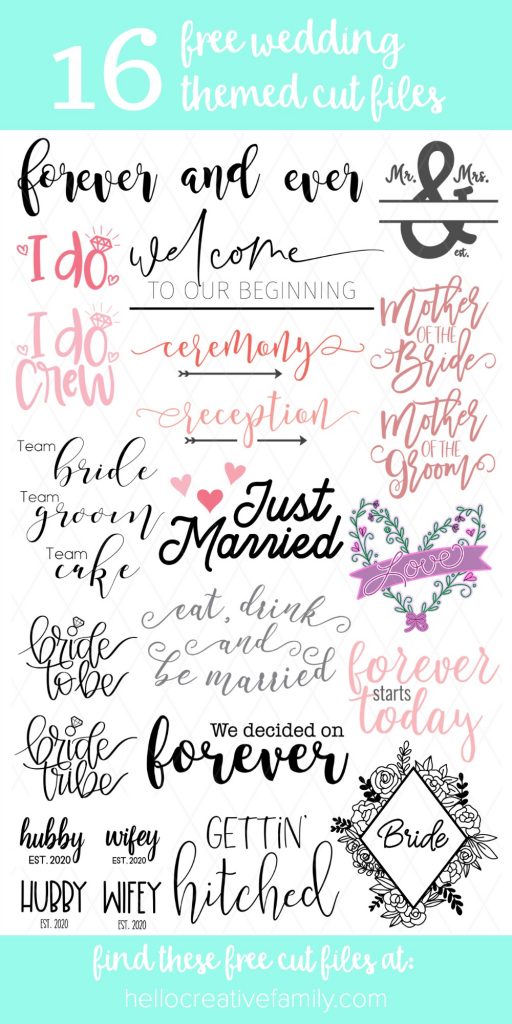 Getting married? Love crafting with your cutting machine? We're sharing 16 free wedding svg files that are perfect for easy crafts for wedding planning, wedding showers, bachelorette parties, honeymoons and more! These cut files are compatible with the Cricut Maker, Cricut Explore, Silhouette Cameo and other cutting machines! #Wedding #JustMarried #Crafts #Cricut #Silhouette