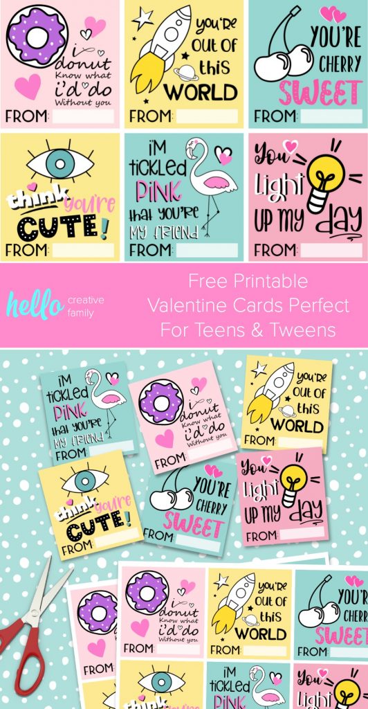 Forget boxed Valentine's! Download our free Printable Valentine Cards Perfect For Teens and Tweens! With Flamingos, donuts, cherries and rocket ships! These are so cute and quick and easy to make! All you need is a printer and scissors or a paper cutter! #Printable #PrintableValentine #ValentineCards #ValentinesDay