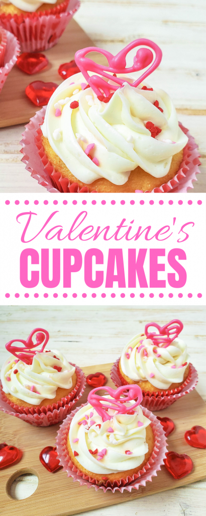 Looking for an easy, last minute Valentine's Day treat idea? Check out these Easy Valentine's Day Cupcakes! Made with a vanilla cake mix, these get their wow factor from diy edible candy hearts on top! Fun for baking with kids! #ValentinesDay #Cupcakes #Baking #BakingWithKids