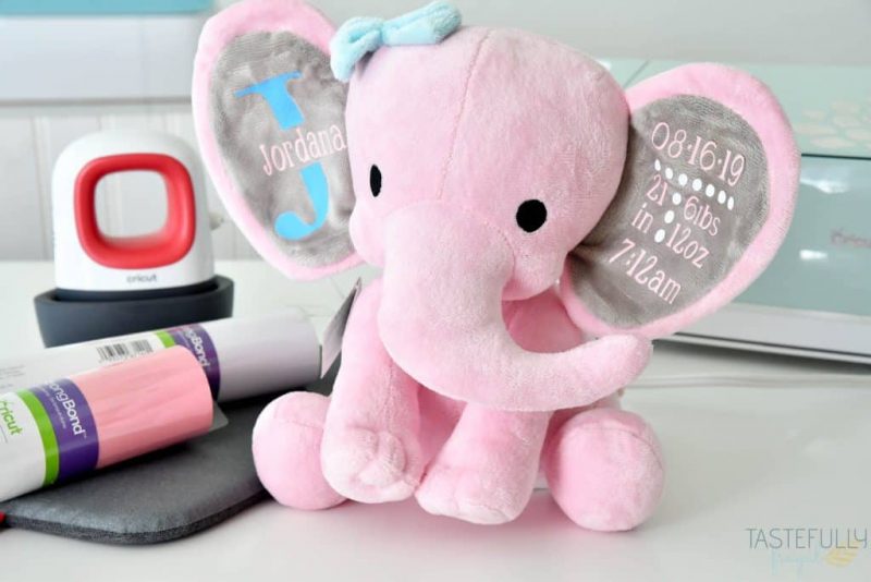 Stuffed animal personalized using a Cricut and HTV.