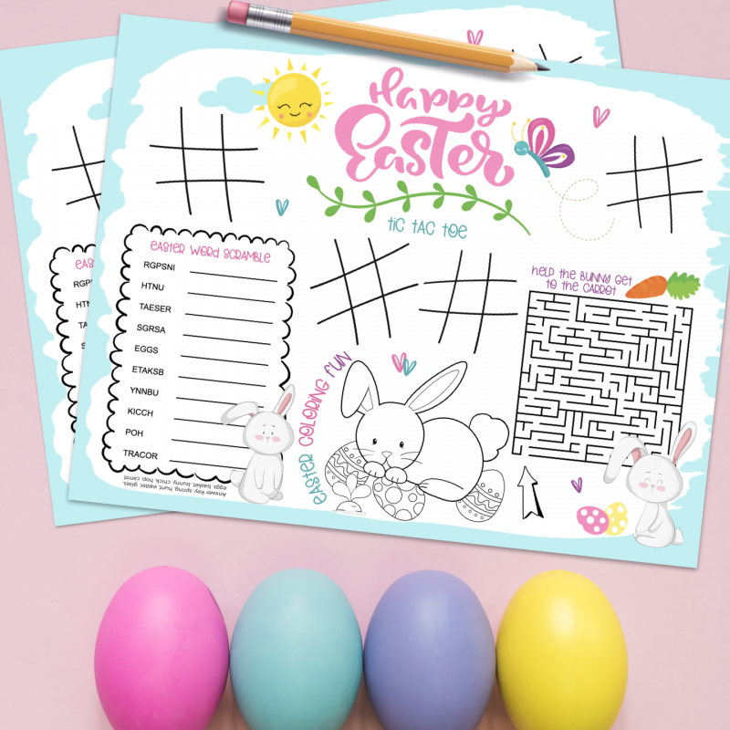 Keep kids entertained with our free Easter Printable! These super cute activity placemats have tic tac toe, a bunny maze, a word scramble and an Easter Bunny Coloring sheet. Free download! #Printable #Printables #KidsActivities #Easter #ActivitySheet