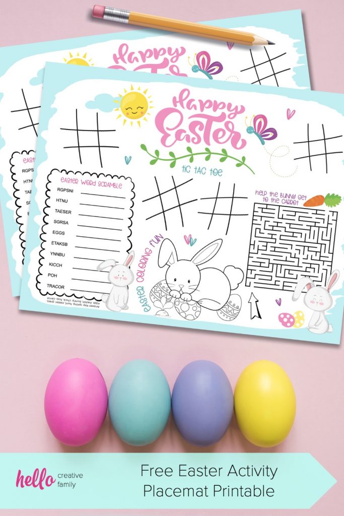 Keep kids entertained with our free Easter Printable! These super cute activity placemats have tic tac toe, a bunny maze, a word scramble and an Easter Bunny Coloring sheet. Free download! #Printable #Printables #KidsActivities #Easter #ActivitySheet