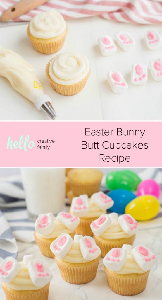 Learn how to make Easter Bunny Butt Cupcakes with this easy holiday recipe! Perfect for Easter day, classroom treats or Easter parties! The cutest Easter treat ever! Get your kids involved baking and decorating these adorable Easter cupcakes. #Cupcakes #Baking #Easter #Recipe