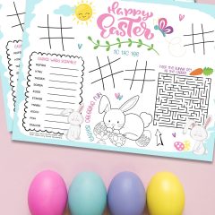 Keep kids entertained with our free Easter Printable! These super cute activity placemats have tic tac toe, a bunny maze, a word scramble and an Easter Bunny Coloring sheet. Free download! #Printable #Printables #KidsActivities #Easter #ActivitySheet