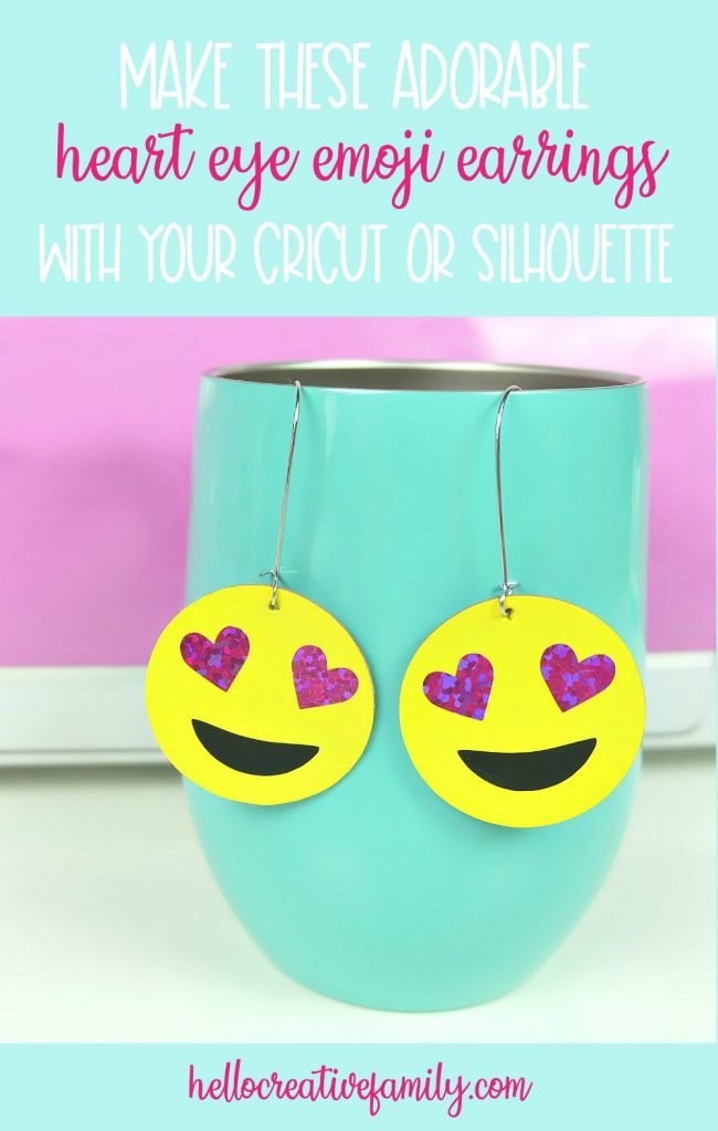 Learn how to make DIY earrings using your Cricut or Silhouette! We are sharing 12 free earring cut files including an SVG for heart eye emoji earrings! Includes step by step instructions! #CricutMade #FreeSVG #DIYEarrings #Crafts 