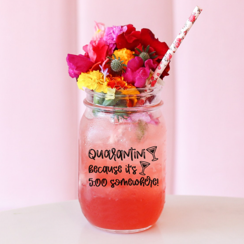 It's 5:00 somewhere! Download this fun and playful quarantine cut file to decorate shirts, wine glasses, martini glasses, mason jars and other blanks using your Cricut or Silhouette. This free svg file reads "Quarantini Because It's 5:00 Somewhere!"  #CricutCreated #FreeSVG #FreeCutFile #Silhouette #CricutCrafts #QuarantineCrafts #Handmade 