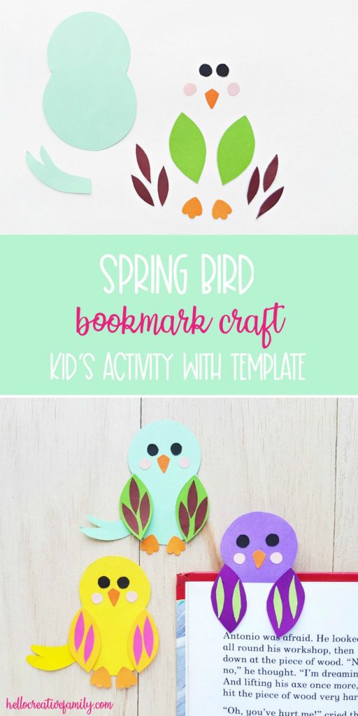 Create a sweet bird bookmark craft with your kids using our free printable template, construction paper and glue! An easy kids activity that is perfect for spring! A wonderful project to build on your spring homeschooling lessons. #KidsActivities #SpringCrafts #KidsCrafts #DIY #Crafts  