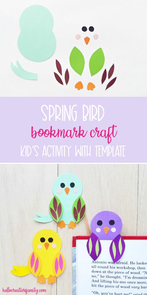 Create a sweet bird bookmark craft with your kids using our free printable template, construction paper and glue! An easy kids activity that is perfect for spring! A wonderful project to build on your spring homeschooling lessons. #KidsActivities #SpringCrafts #KidsCrafts #DIY #Crafts