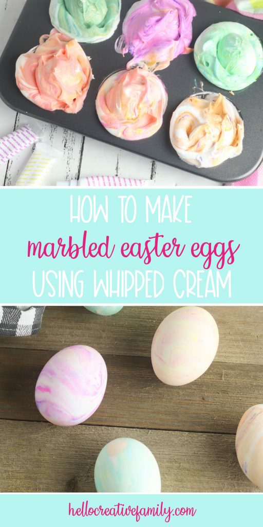 Make the prettiest marbled Easter eggs using whipped cream with this easy tutorial. This family friendly easter egg decorating idea makes beautiful eggs using materials you already have at home! #Easter #EasterEggs #EasterEggDecorating #KidsCrafts #KidsActivities #FamilyFriendlyCrafts #FamilyCrafts