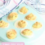 Use up those leftover Easter hardboiled eggs with this easy and yummy greek yogurt devilled eggs recipe! If made with non-fat yogurt they make a zero point weight watchers snack! A delicious and easy appetizer to make when entertaining. Perfect for Easter brunch. A healthy, family friendly snack packed with protein! #Easter #Recipe #DevilledEggs #Eggs #Snack #Appetizer #WeightWatchers