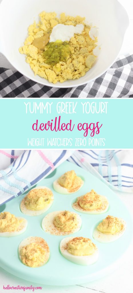 Use up those leftover Easter hardboiled eggs with this easy and yummy greek yogurt devilled eggs recipe! If made with non-fat yogurt they make a zero point weight watchers snack! A delicious and easy appetizer to make when entertaining. Perfect for Easter brunch. A healthy, family friendly snack packed with protein! #Easter #Recipe #DevilledEggs #Eggs #Snack #Appetizer 