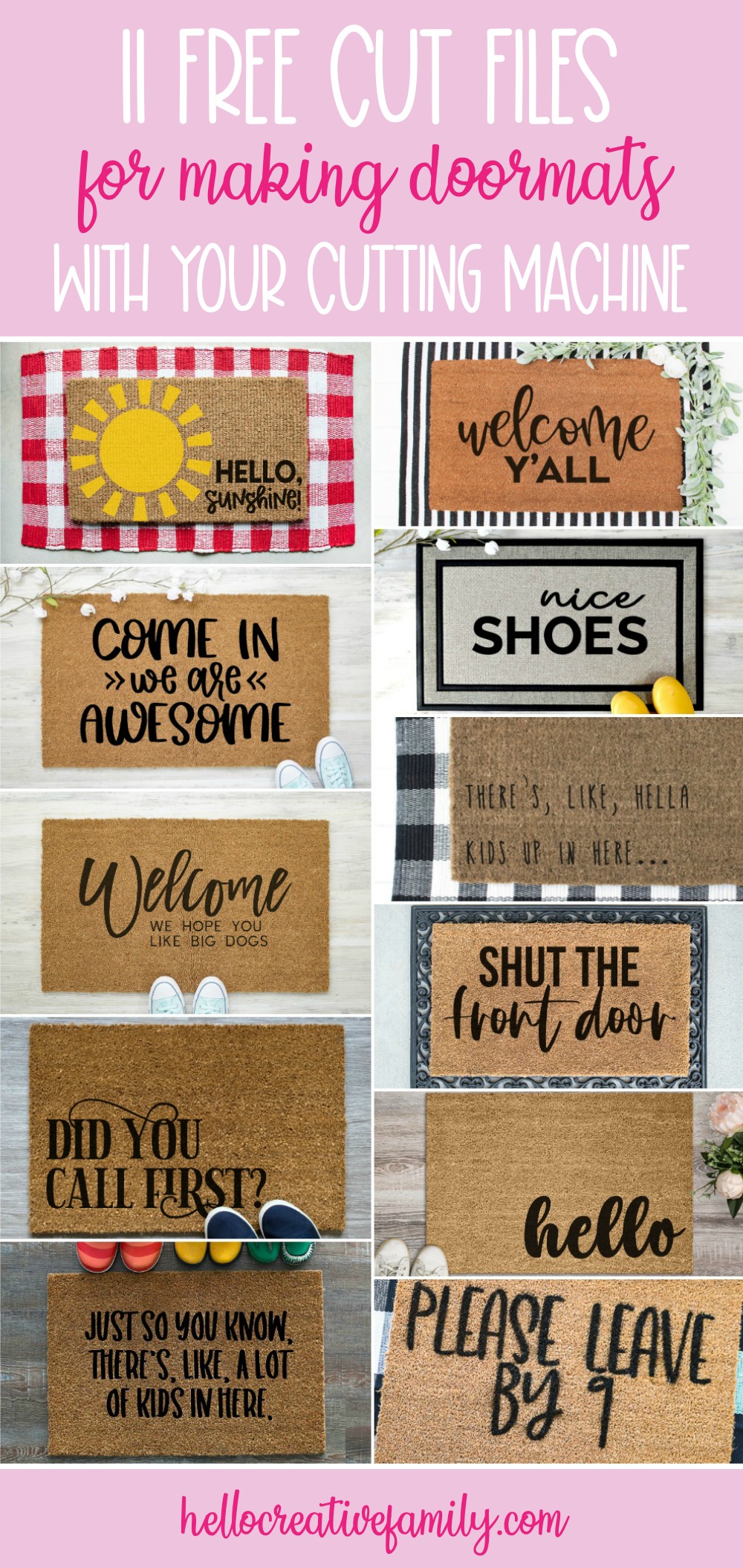 Create a DIY Doormat using one of these 11 free Doormat SVG Files and your Cricut Maker, Cricut Explore or Silhouette Cameo! Craft a Hello Doormat to help decorate your front entrance! #DIY #Craft #FreeSVG #CutFiles #CricutMaker #CricutExplore #SilhouetteCameo #CricutCrafts #CricutMade