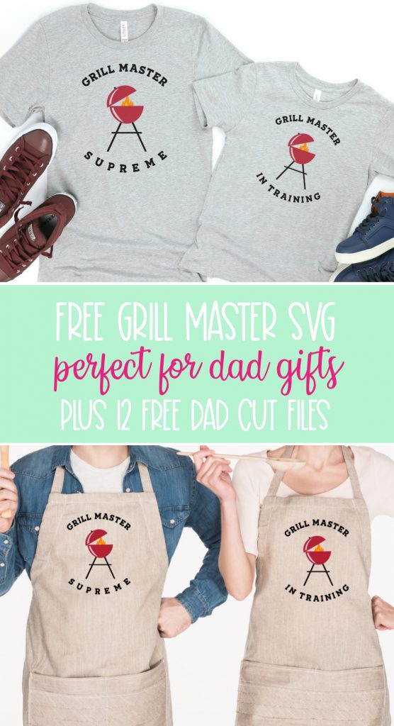 Know a dad who loves to grill? These Free Dad BBQ Cut Files make a great handmade dad gift for Father's Day, Christmas and birthdays! Perfect for Father and child shirts! SVG Files read Grill Master Supreme and Grill Master in Training! Cut using your Cricut Maker, Cricut Explore Air or Silhouette Cameo! Also includes links to 12 free Dad Cut Files. #FreeSVG #CutFiles #SVGFiles #FathersDay #DadShirt #DIYDadShirt #DIYShirts #BBQ #Grilling #BBQGifts