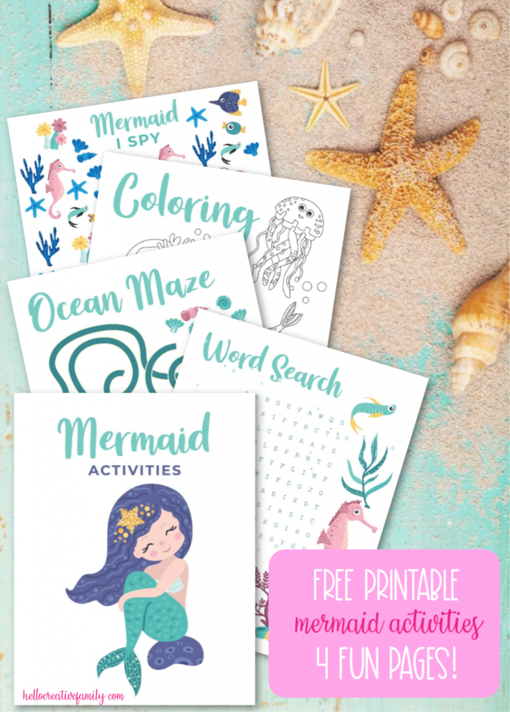 Free printable mermaid activities! Includes a mermaid word search, mermaid coloring sheet, mermaid I spy and an ocean maze! Perfect for mermaid themed birthday parties, homeschooling activities, and kids boredom busters! These mermaid activity worksheets are as cute as can be! #Printables #Mermaid #MermaidBirthday #ColoringSheet #KidsActivities #SummerCrafts