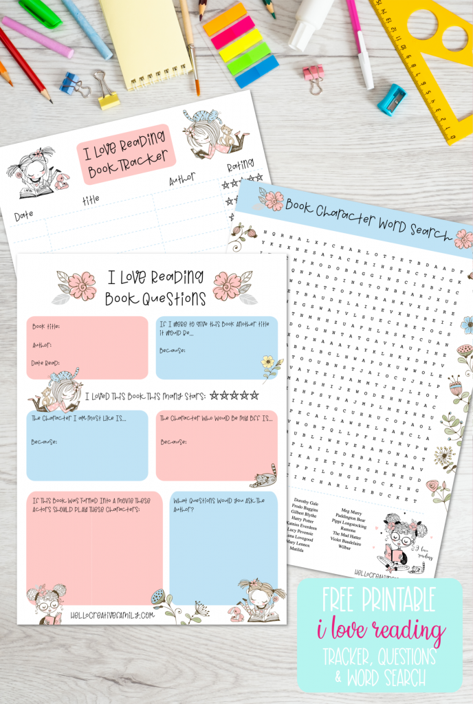 Love books? We do too! Check out these awesome free reading printables! Includes a book tracker, novel study questions and a literary character word search! Perfect for homeschooling and independent studies! #Printables #Reading #Books #BookNerd #Printable #NovelStudies #Homeschooling #FreePrintabl