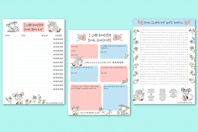 Love books? We do too! Check out these awesome free reading printables! Includes a book tracker, novel study questions and a literary character word search! Perfect for homeschooling and independent studies! #Printables #Reading #Books #BookNerd #Printable #NovelStudies #Homeschooling #FreePrintabl