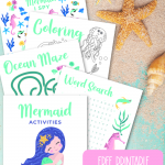 Free printable mermaid activities! Includes a mermaid word search, mermaid coloring sheet, mermaid I spy and an ocean maze! Perfect for mermaid themed birthday parties, homeschooling activities, and kids boredom busters! #Printables #Mermaid #MermaidBirthday #ColoringSheet #KidsActivities #SummerCrafts