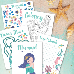 Free printable mermaid activities! Includes a mermaid word search, mermaid coloring sheet, mermaid I spy and an ocean maze! Perfect for mermaid themed birthday parties, homeschooling activities, and kids boredom busters! #Printables #Mermaid #MermaidBirthday #ColoringSheet #KidsActivities #SummerCrafts