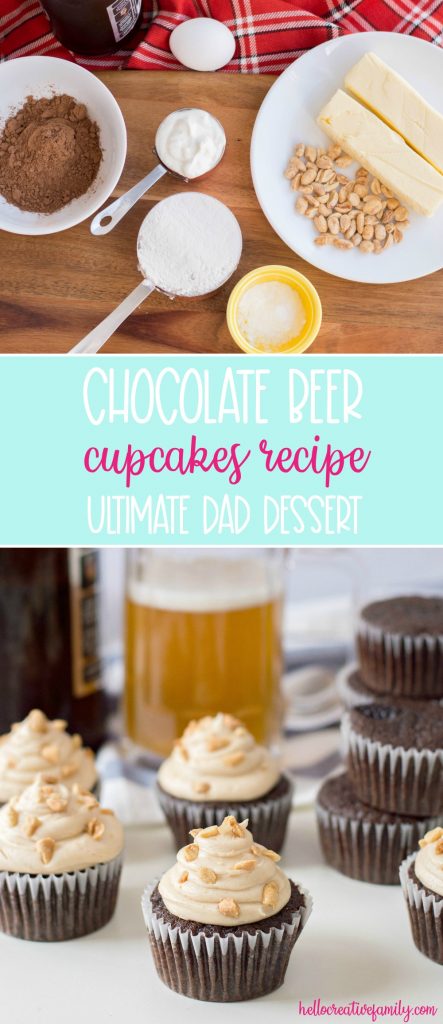 The perfect dessert to steal a man's heart-- our Chocolate Beer Cupcakes Recipe! With chocolate and beer in the batter, a peanut butter buttercream frosting and salty peanuts sprinkled on top, this recipe is the ultimate dad dessert! Perfect for Father's Day, birthdays and just because! #Cupcakes #Beer #Recipe #BeerRecipe #ChocolateCupcakes #FathersDay #Dessert #FathersDayCupcakes #FathersDayDessert #BeerRecipes