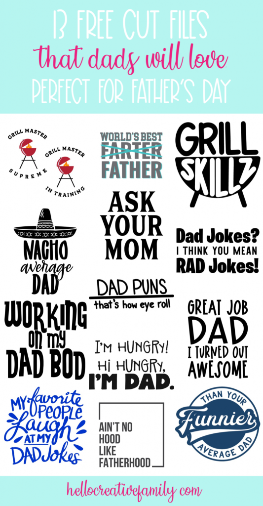 These 13 Free Cut Files have handmade gifts for dad's written all over them! Perfect for making shirts, aprons, mugs and more for fun DIY dad gifts for Father's Day, Christmas and birthdays! Cut using your Cricut Maker, Cricut Explore Air or Silhouette Cameo! #FreeSVG #CutFiles #SVGFiles #FathersDay #DadShirt #DIYDadShirt #DIYShirts #DadMug