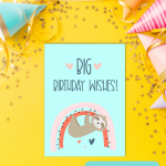 Sloths + rainbows = super duper adorable birthday cuteness! Download this free sloth birthday party printable or a bundle of 5 adorable printable sloth greeting cards. #Printables #Sloths #Rainbows #GreetingCards #PrintableCards #handmade