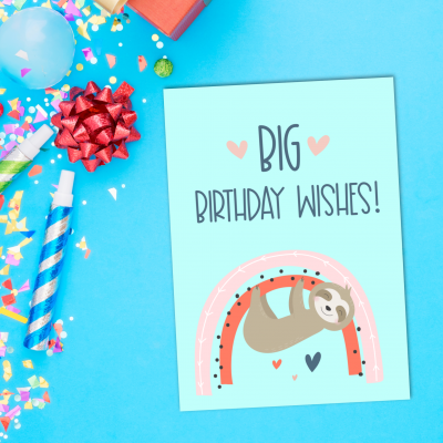 Sloths + rainbows = super duper adorable birthday cuteness! Download this free sloth birthday card printable or a bundle of 5 adorable printable sloth greeting cards. #Printables #Sloths #Rainbows #GreetingCards #PrintableCards #handmade