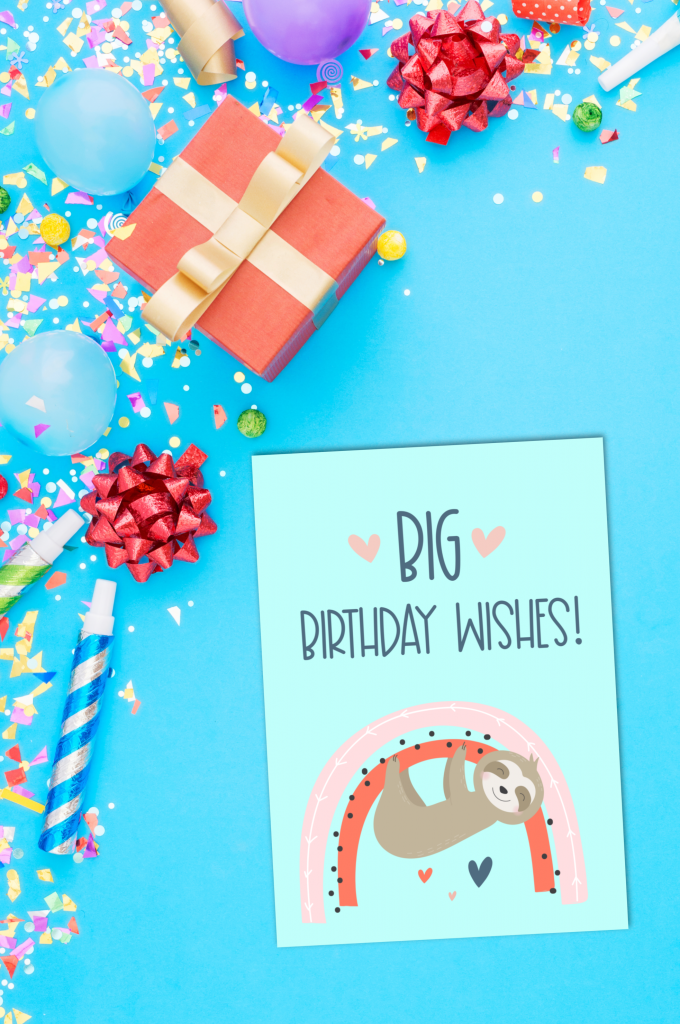 Sloths + rainbows = super duper adorable birthday cuteness! Download this free sloth birthday card printable or a bundle of 5 adorable printable sloth greeting cards. #Printables #Sloths #Rainbows #GreetingCards #PrintableCards #handmade