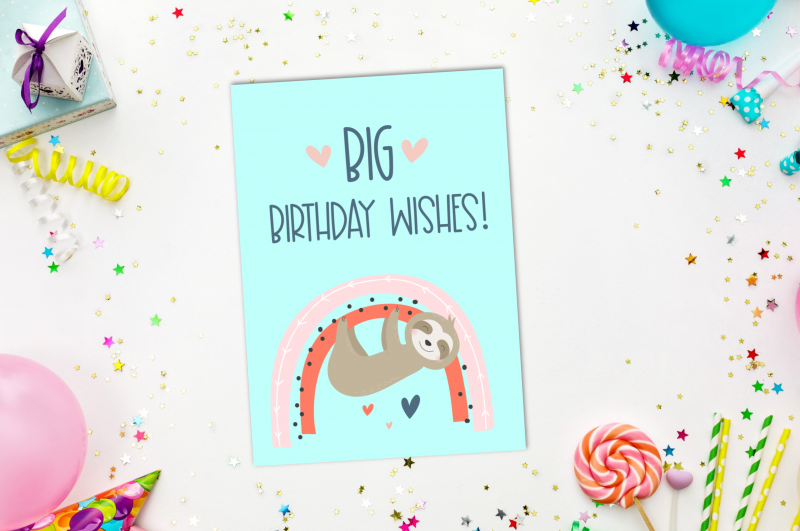 Sloths + rainbows = super duper adorable birthday cuteness! Download this free sloth birthday card printable or a bundle of 5 adorable printable sloth greeting cards. #Printables #Sloths #Rainbows #GreetingCards #PrintableCards #handmade