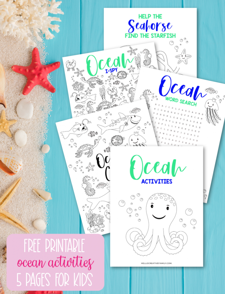 Free Ocean Printable! This 5 page kids activity pack Includes an ocean themed word search, ocean coloring sheet, ocean I spy and an ocean maze all filled with your favorite sea creatures! Perfect for ocean themed birthday parties, homeschooling activities, and kids boredom busters! These kids ocean activity worksheets are as cute as can be! #Printables #kidsactivities #printable #OceanBirthday #ColoringSheet #wordsearch #SummerCrafts #teacher