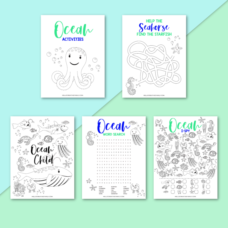 Free Ocean Printable! This 5 page kids activity pack Includes an ocean themed word search, ocean coloring sheet, ocean I spy and an ocean maze all filled with your favorite sea creatures! Perfect for ocean themed birthday parties, homeschooling activities, and kids boredom busters! These kids ocean activity worksheets are as cute as can be! #Printables #kidsactivities #printable #OceanBirthday #ColoringSheet #wordsearch #SummerCrafts #teacher