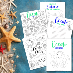 Free Ocean Printable! This 5 page kids activity pack Includes an ocean themed word search, ocean coloring sheet, ocean I spy and an ocean maze all filled with your favorite sea creatures! Perfect for oceam themed birthday parties, homeschooling activities, and kids boredom busters! These kids ocean activity worksheets are as cute as can be! #Printables #kidsactivities #printable #OceanBirthday #ColoringSheet #wordsearch #SummerCrafts #teacher